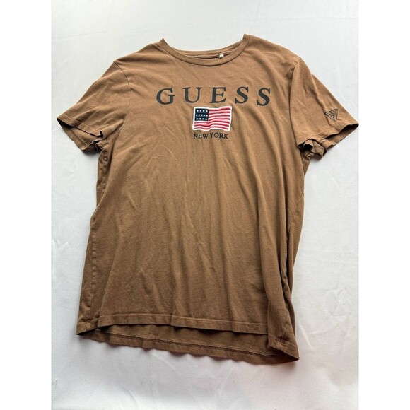GUESS Embroidered Tee T-Shirt Mens Medium Brown USA Flag Patriotic Short Sleeve - Picture 1 of 9